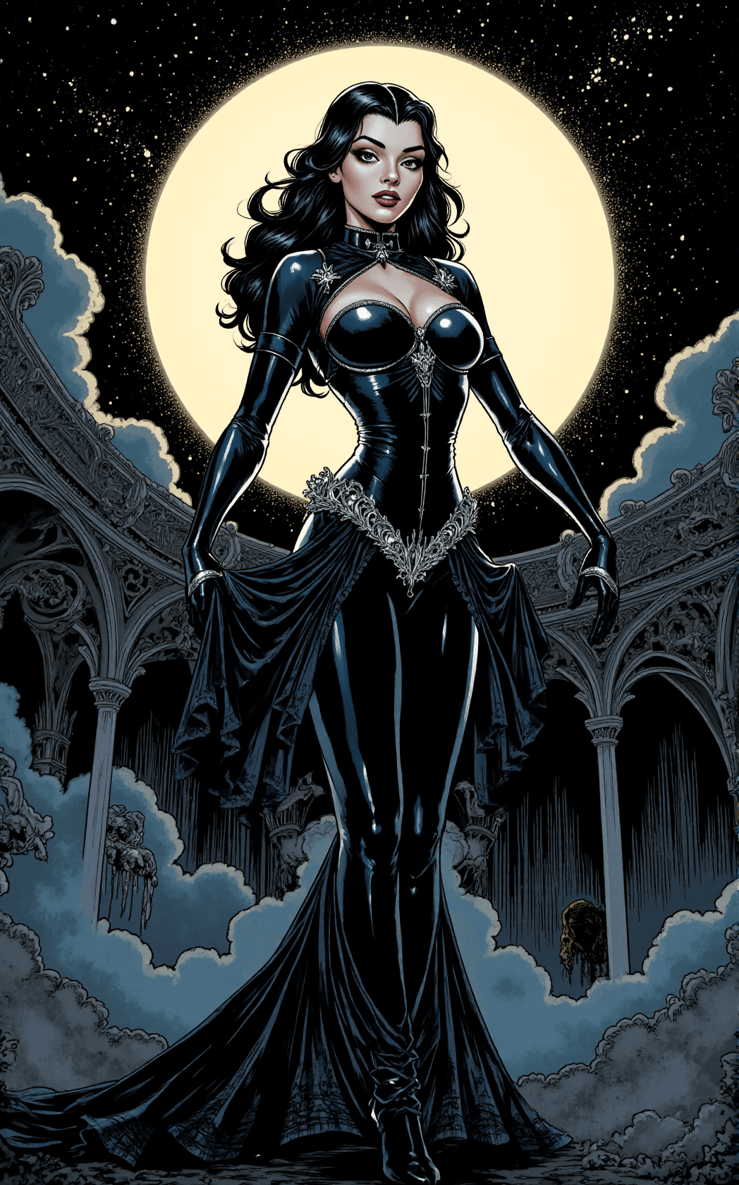 AI generated: A striking Queen of the Night stands at the center of a dramatic comic tableau. She has long, midnig...