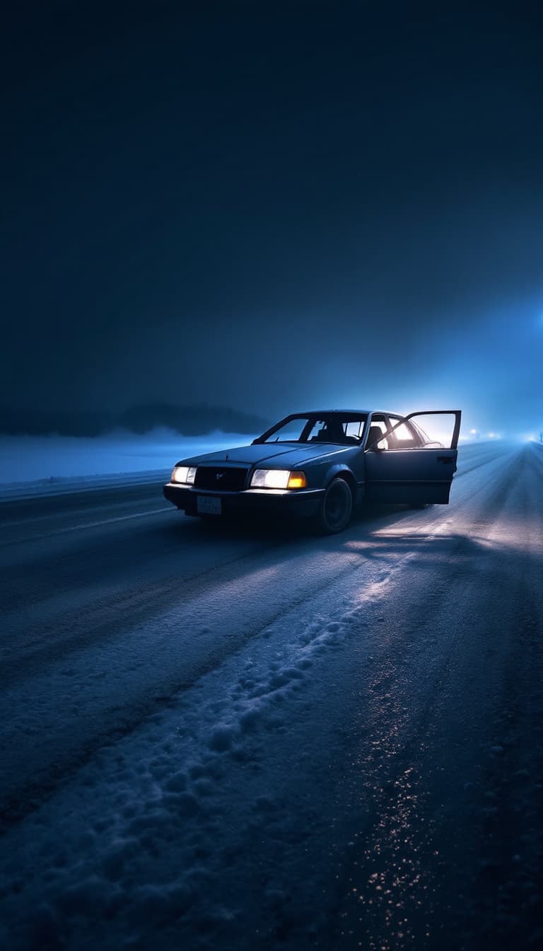 AI generated: The Lone Car in the Snow**  
*"A lone, abandoned car sits on a desolate, frozen highway at night. It...