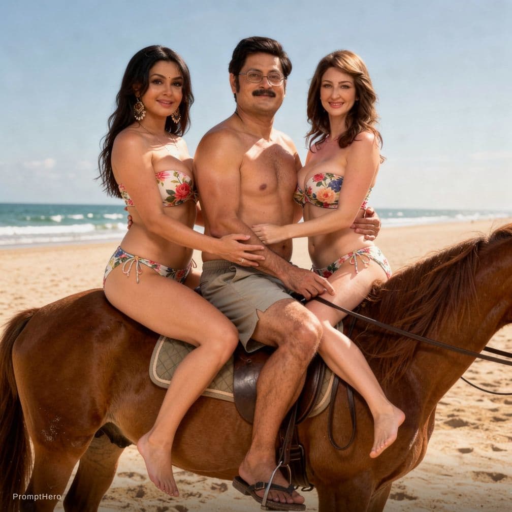 AI generated: Three people riding on a single horse man seat between two girls and hold her tightly girls in bikin...