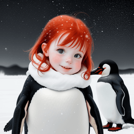AI generated: High resolution picture of a little red headed girl with a black and white 
penguin in the snow with...