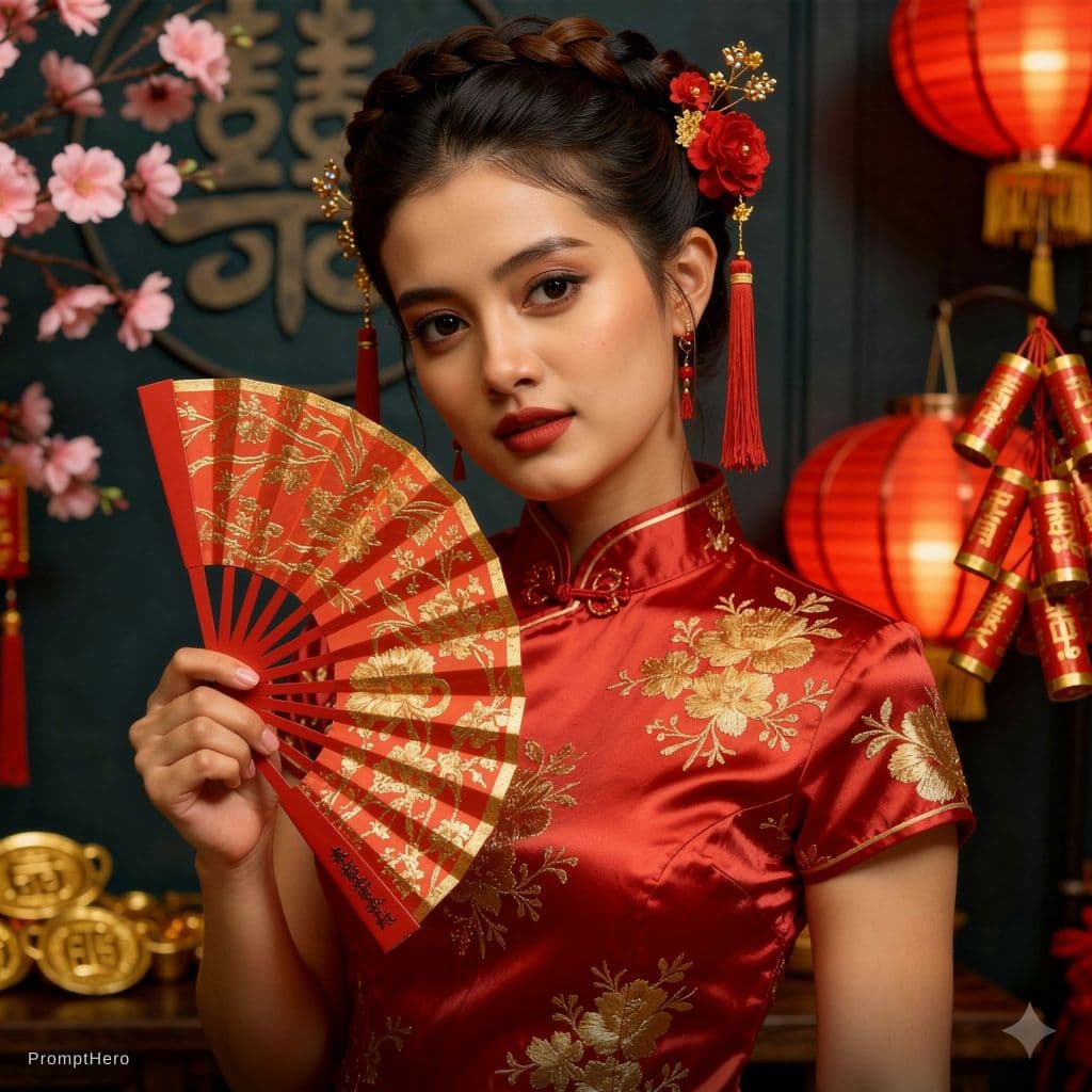 AI generated: A highly detailed, photorealistic, cinematic medium shot of a beautiful young East Asian woman holdi...