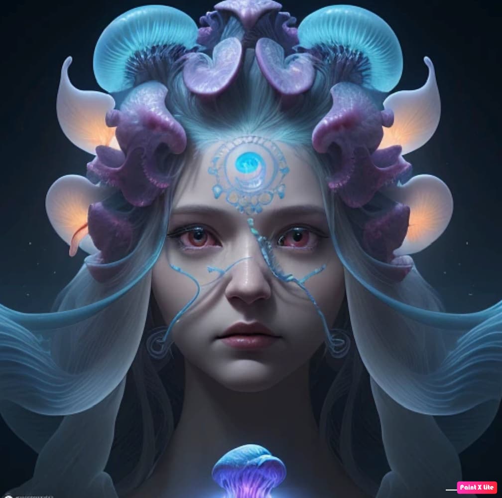 AI generated: Goddess close-up portrait ribcagel. nautilus, orchid, skull, flower bioluminiscent creatures, intric...