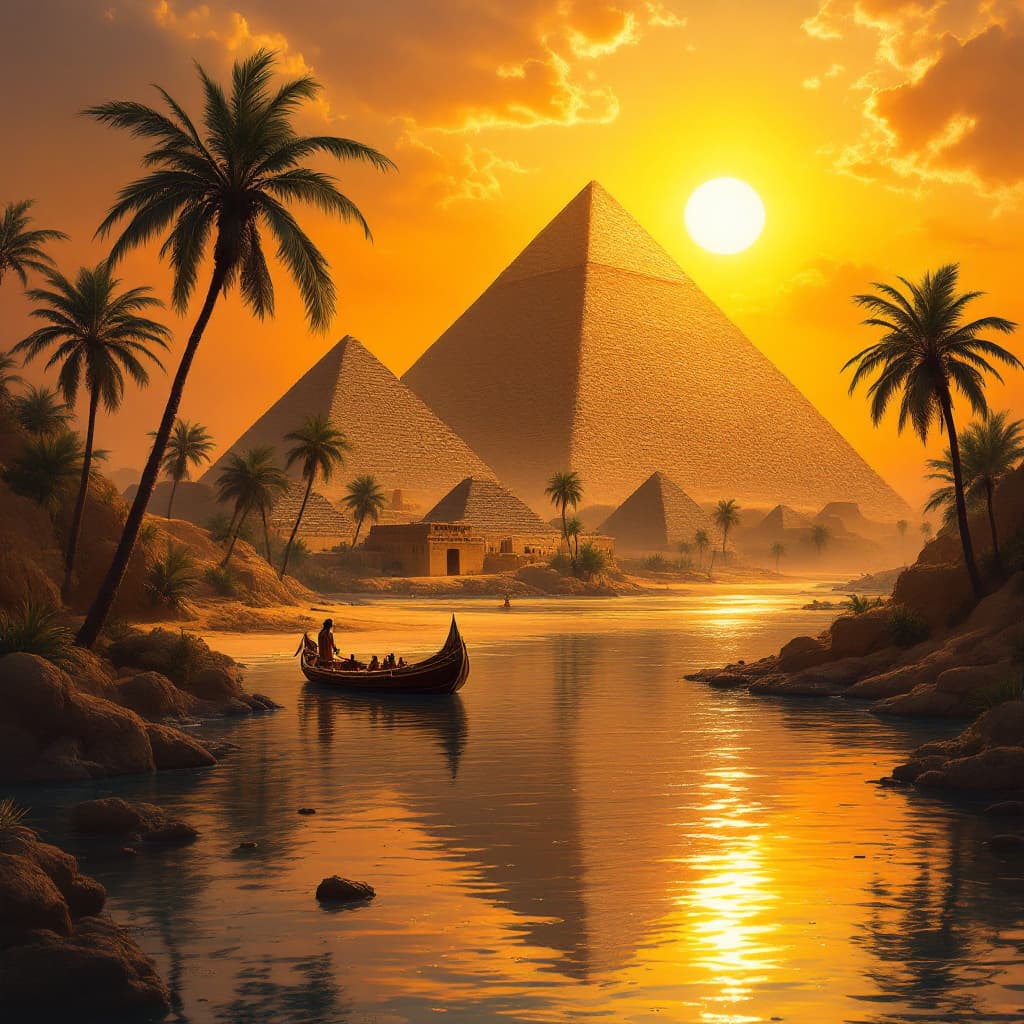 AI generated: A painting of the Great Pyramid in Egypt, with an ancient boat sailing on the water and a sunset bac...