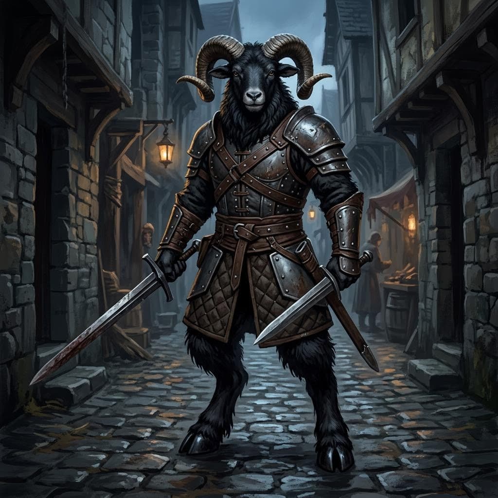 AI generated: anthropomorophic ram man wearing dark leather armor, holding a longsword in one hand and a short swo...