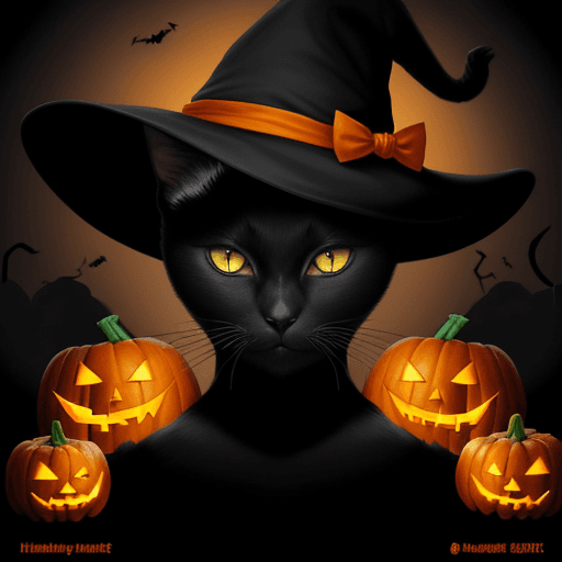 AI generated: painting portrait of a black cat in a black hat, halloween background with pumpkins, skull, a candle...