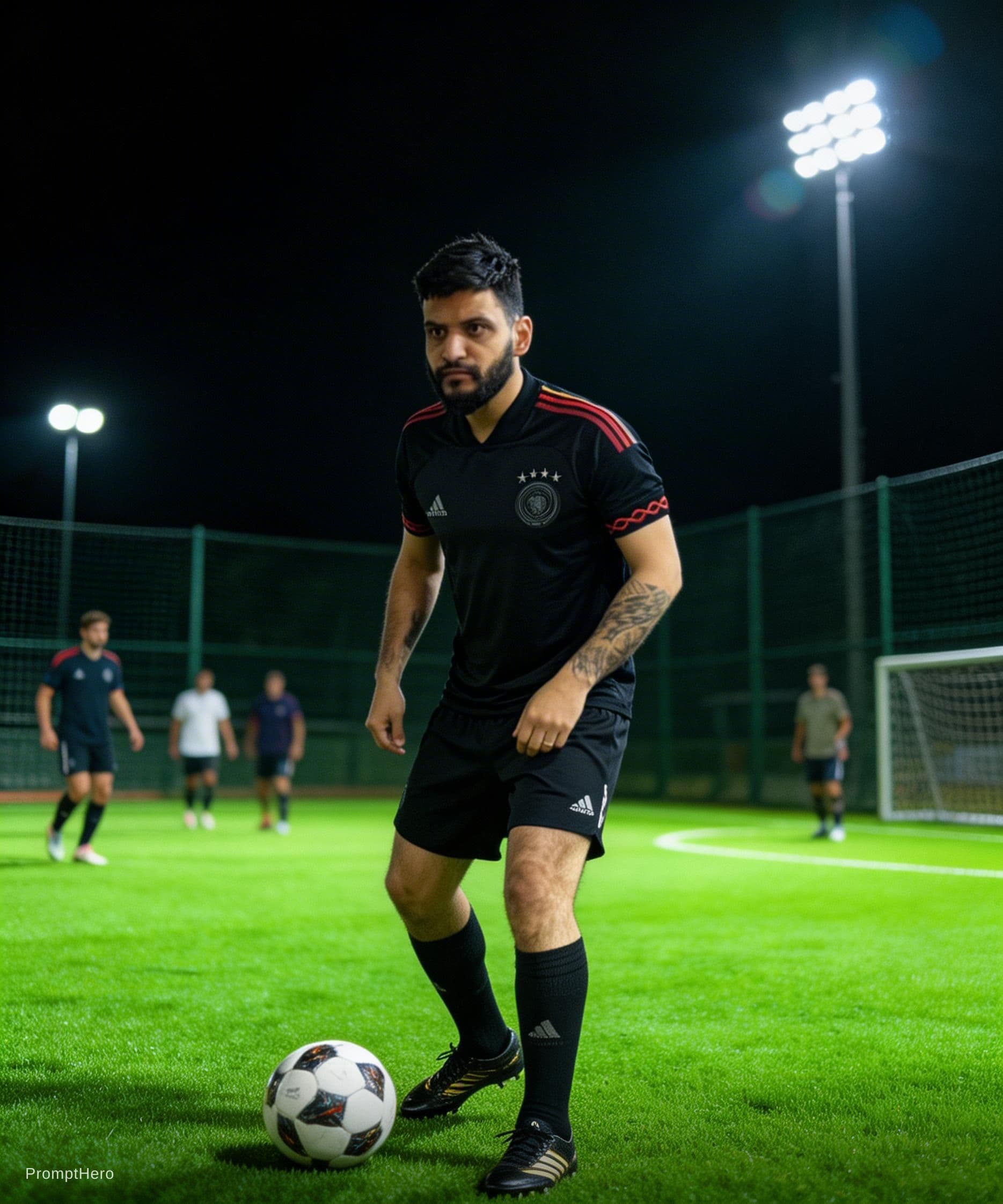 AI generated: Add me in a Five-a-side artificial turf football pitch playing with my friends wearing the uploaded ...