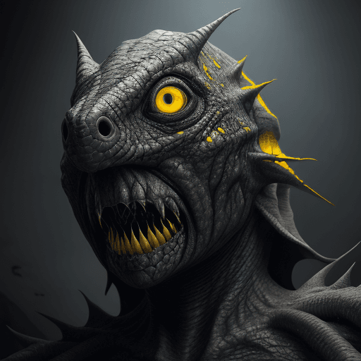AI generated: Scary creature, flat snout, yellow eyes, horror, dark and haunting, hyperrealism, ultra-detailed, 8k...