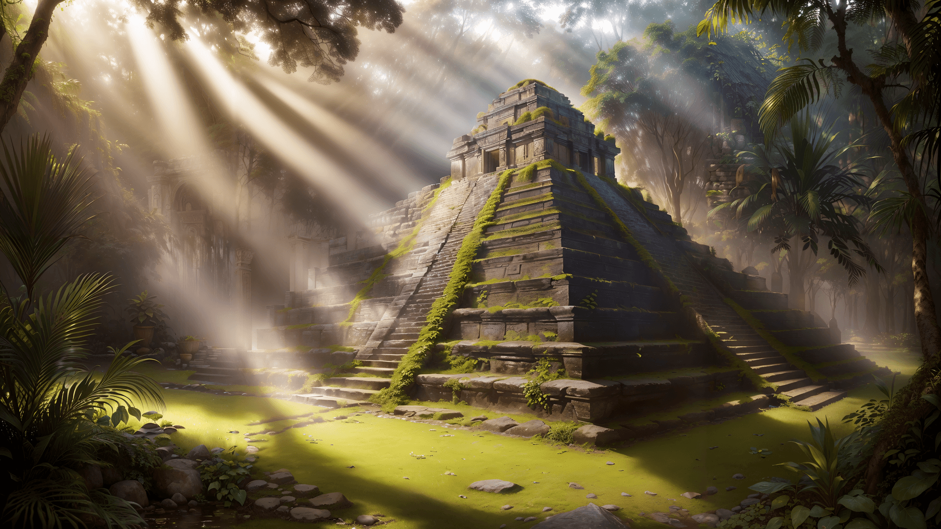 AI generated: (Masterpiece , Award Winning:1.2), Photo of a Hidden Ancient Aztec temple ruins, jungle, South Ameri...