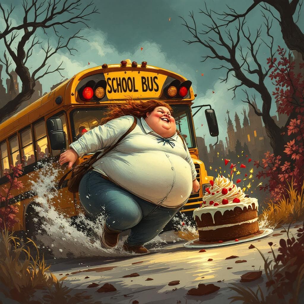 AI generated: big fat woman chasing after a chocolate cake on a school bus    
the chocolate cake is ln front of t...