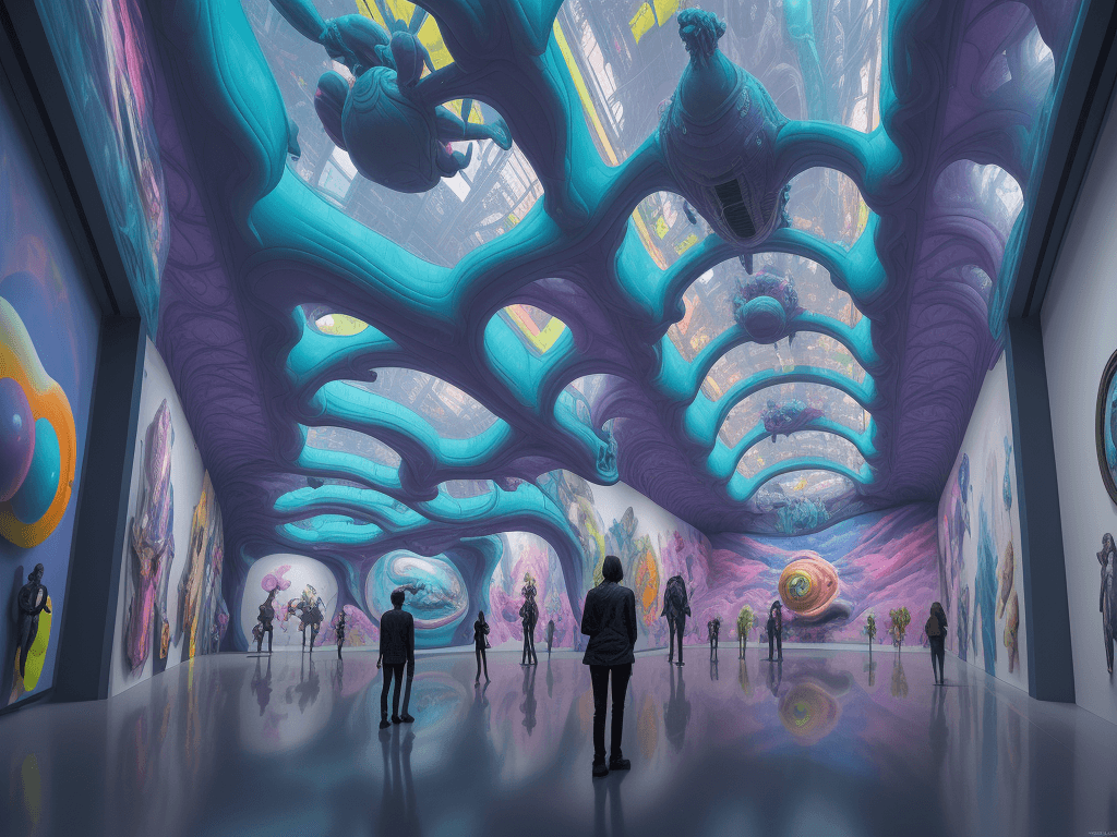 AI generated:   A view inside a colorful  futuristic museum, showcasing strange, weird, and bizarre art, large 3D ...