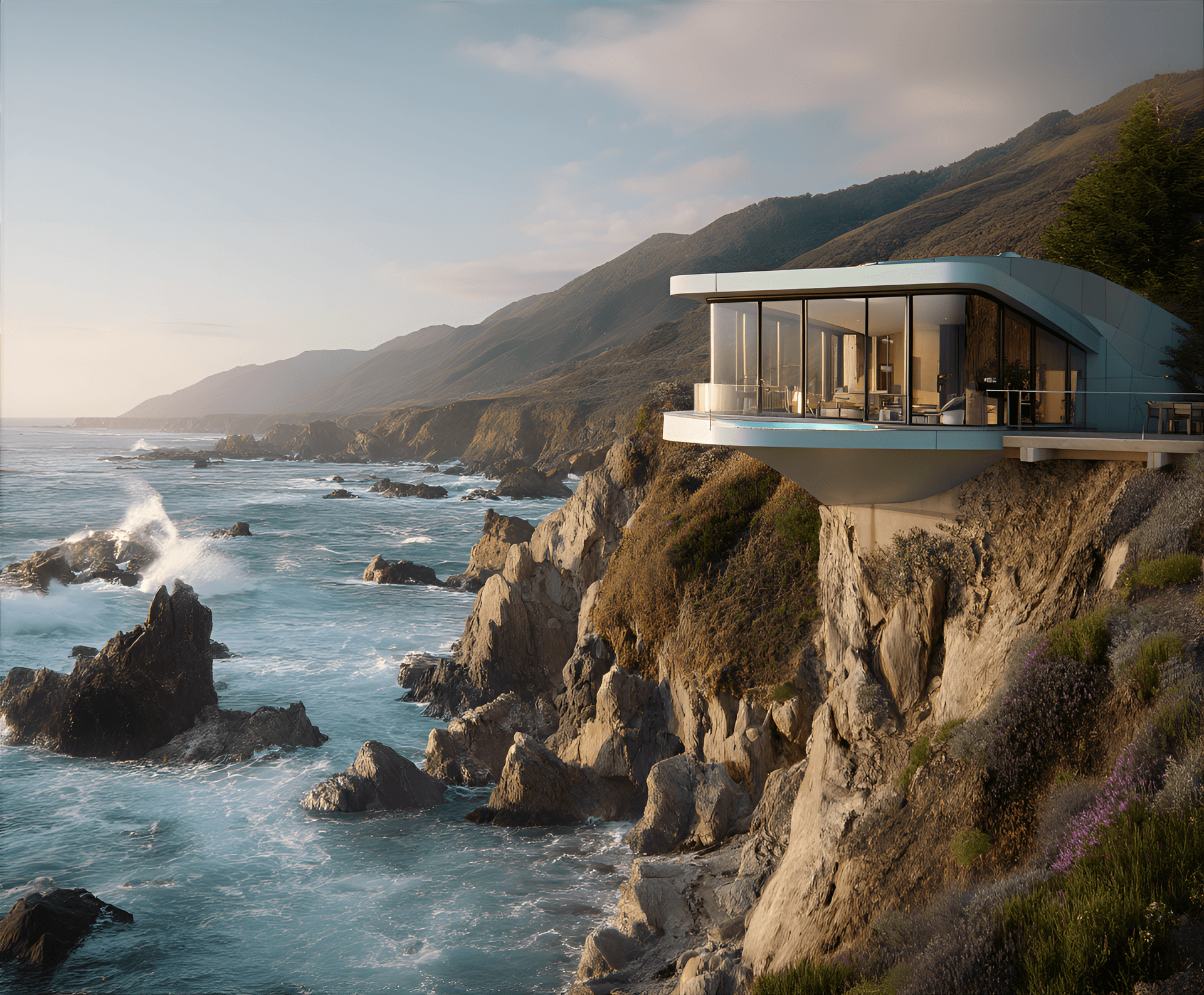 AI generated: picturesque cliffside retreat with a pastel mint exterior, cantilevered balconies, and expansive gla...