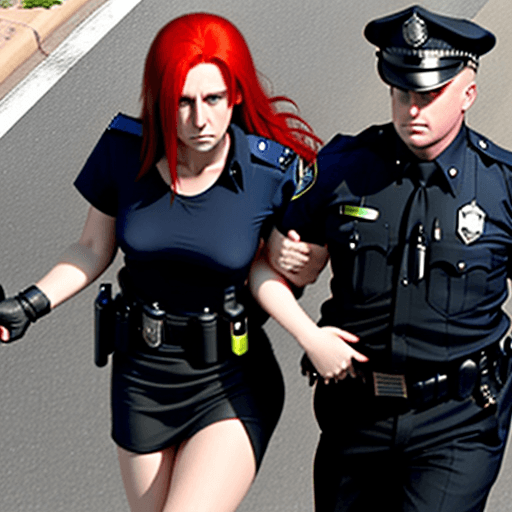 AI generated: Woman with long, straight, red hair getting arrested and handcuffed in a high risk traffic stop 