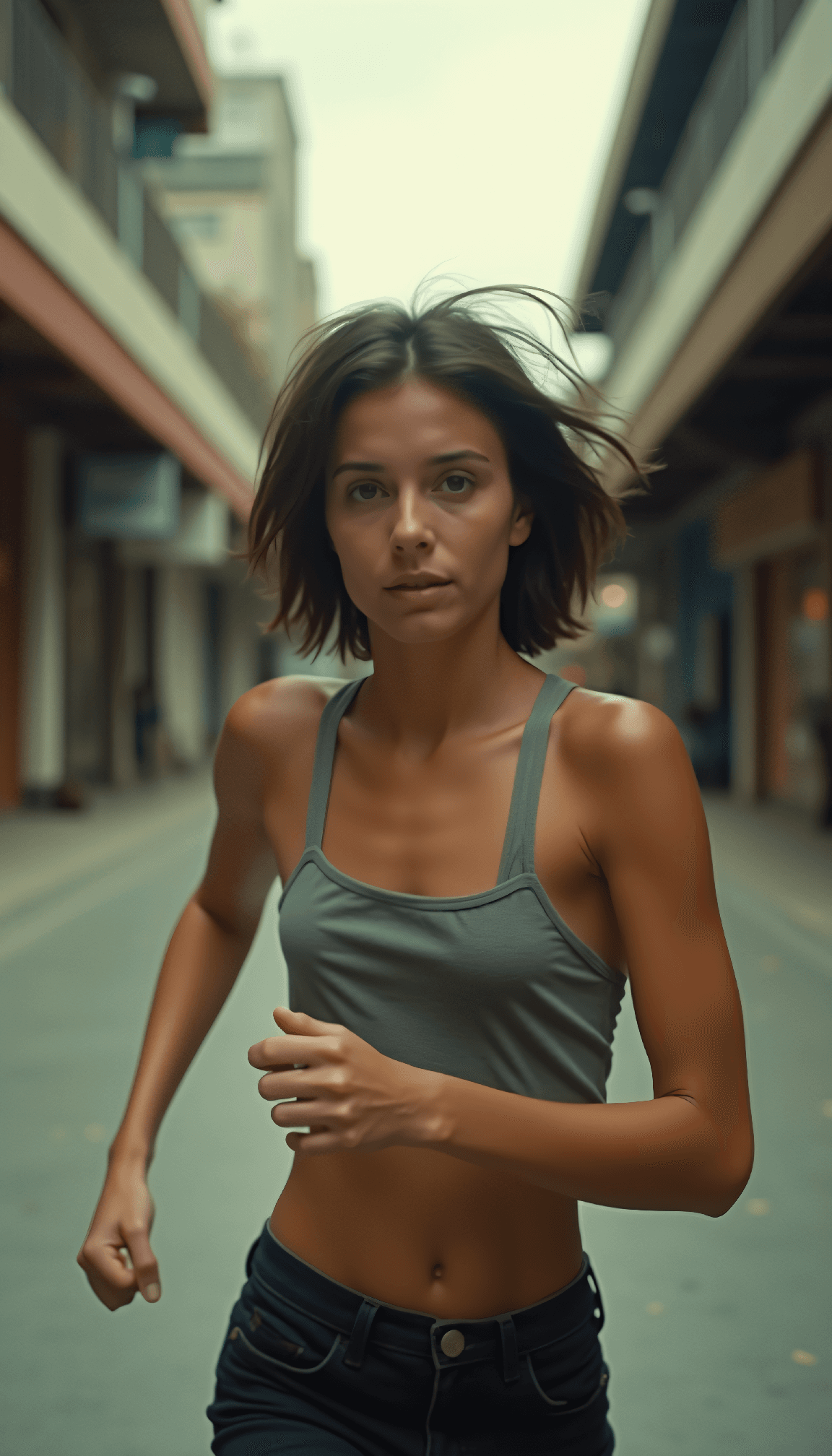 AI generated: cinematic photo Close-up athletic woman with defined abs and messy short natural bob staring at lens...