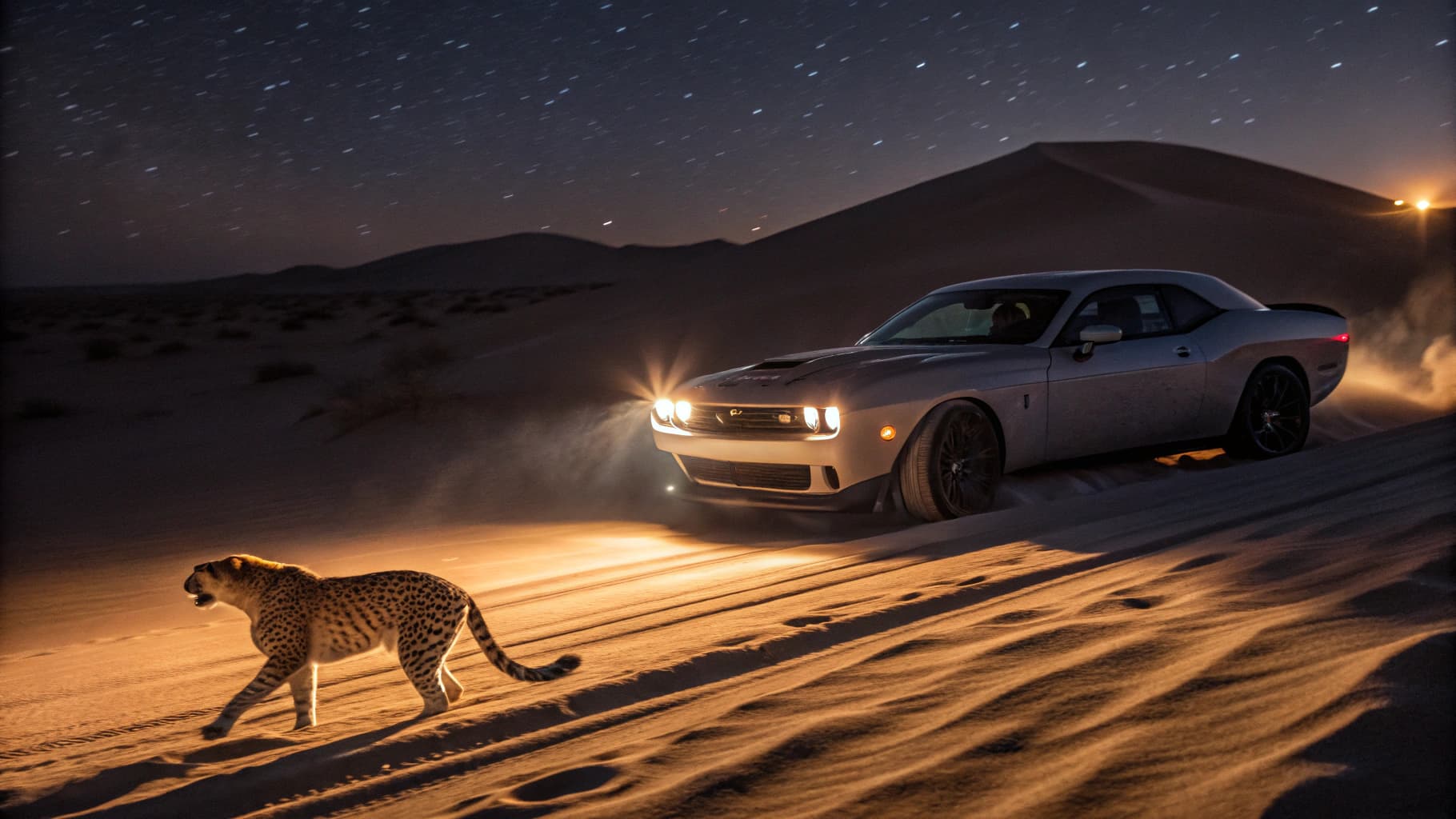 AI generated: dodge challenger racing in a desert at night with leopard