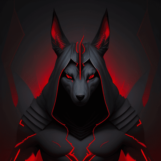 AI generated: illustration of an evil Anubis with red eyes, in the style of jessica rossier, strong use of negativ...