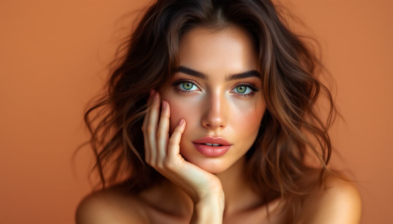 AI generated: Retrato de jovem mulher com cabelo loiro ondulado e olhos verdes brilhantes, pele suave com sardas d...