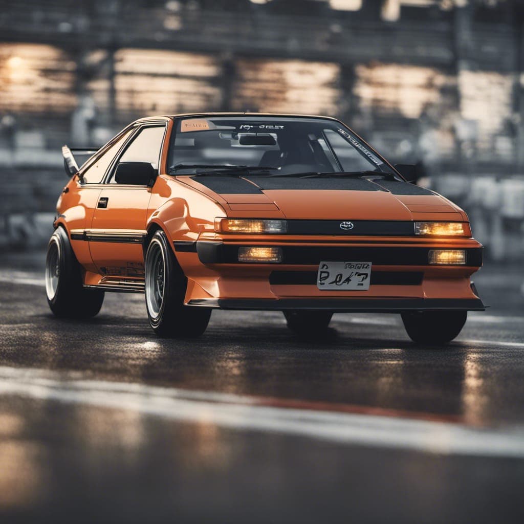 AI generated: Toyota AE86, (detailed stunning environment), cinematic, cover art, (low front angle), full view of ...