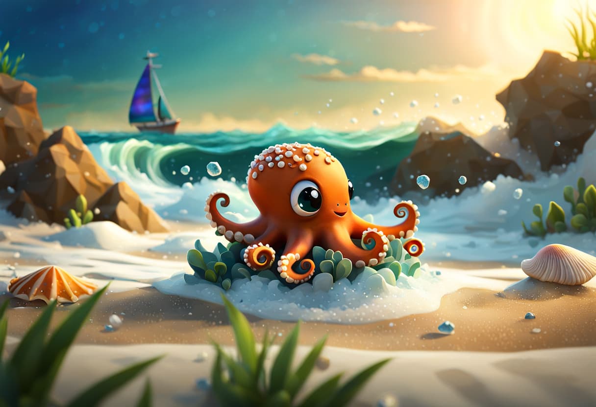 AI generated: insanely detailed cinematic digital painting, cute octopus , floating on sea stormy waves and low po...