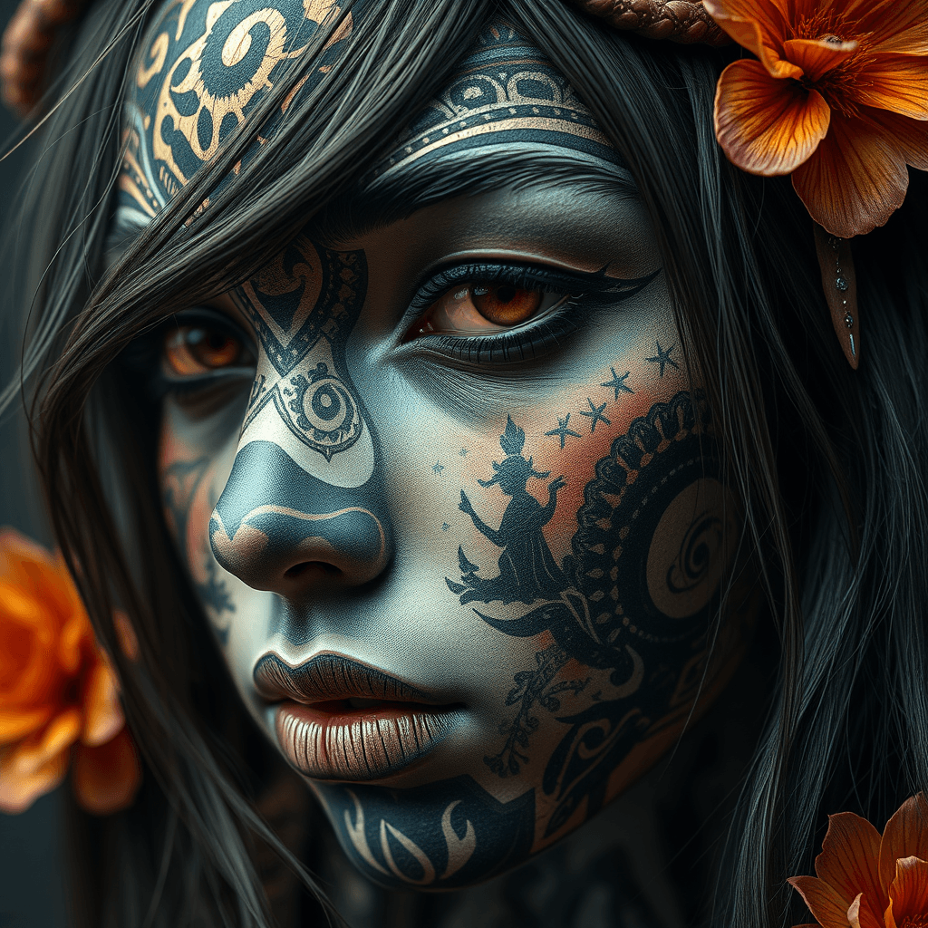 AI generated: close-up of a monochromatic maori collage painted on a gothic european face, hair falling on face, u...