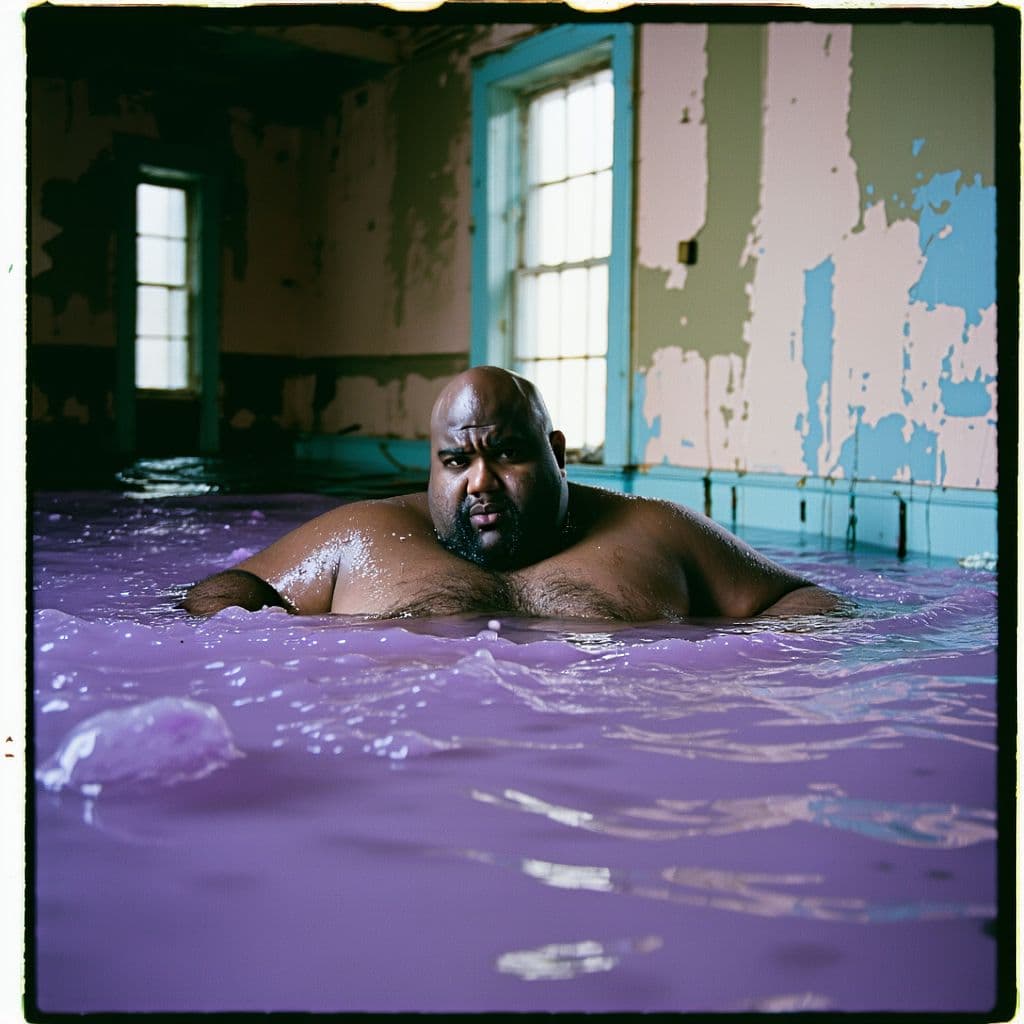 AI generated: grainy 80's photograph quality polaroid of big fat bald soft round black man drowning in purple drin...