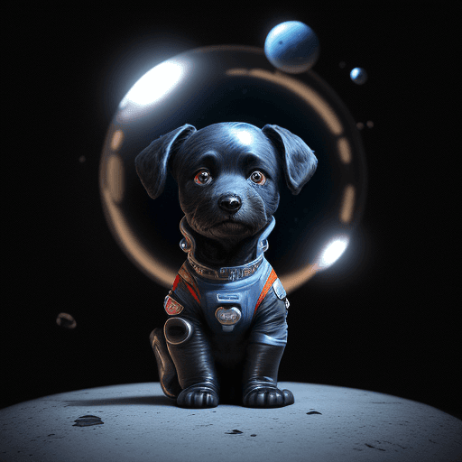 AI generated: 3d pixar cartoon style of (a furry black puppy dog wearing a space suit), tim burton thriller movie ...