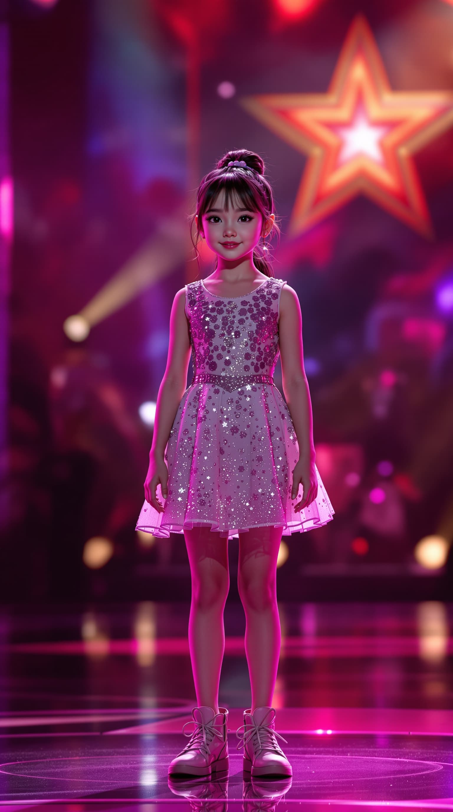 AI generated: A hyper-realistic depiction of a eight year old Celine Tam, standing on stage at America's Got Talen...