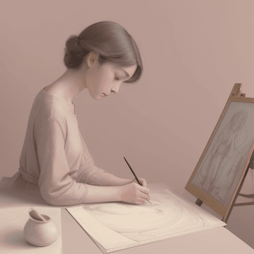 AI generated: A contemplative artist, sketching a still life, in the style of Felice Casorati, a muted palette, wi...