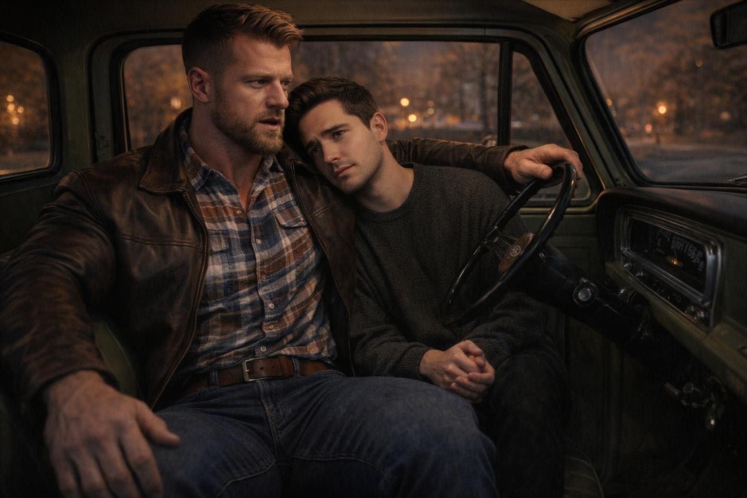 AI generated: In an Autumn night, the bodybuilder is driving a vintage Ford olive green pick up truck. he has one ...