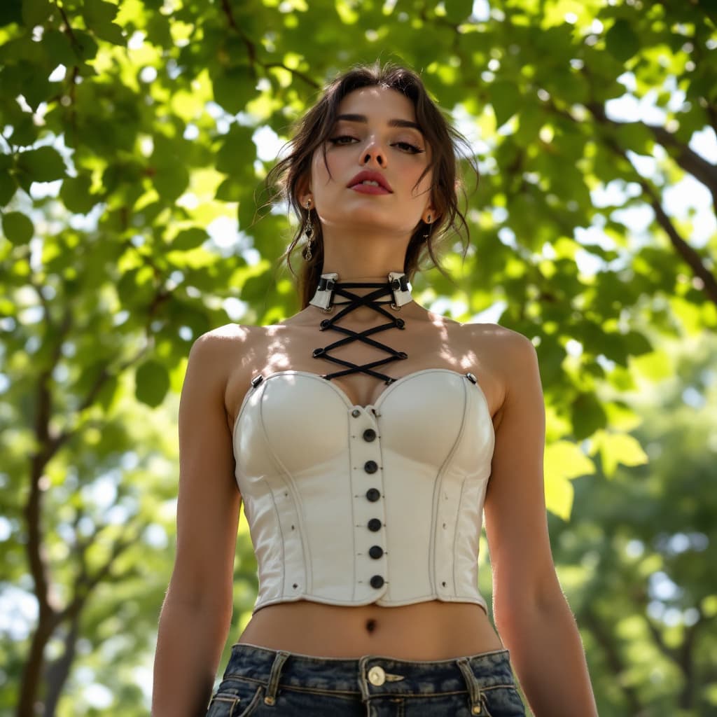 AI generated: From the waist up, we see a chic woman standing beneath a canopy of green leaves. Her white leather ...
