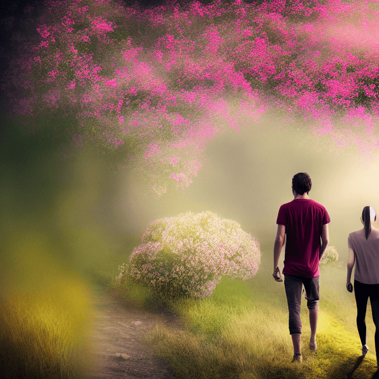 AI generated: photography ultra realistic of a man and woman who walks, we see thairs back, dramatic and beautiful...