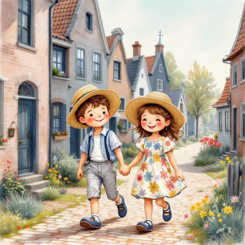 AI generated: 

A cute  little smiling boy and a cute little smiling girl in summery vintage patchwork clothes and...