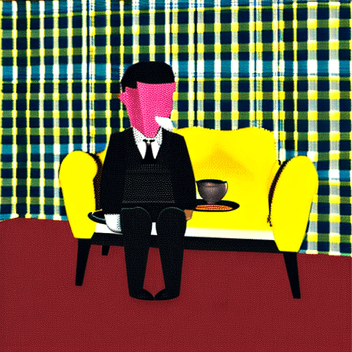 AI generated: White male, dressed in black suit jacket and tie eating soup sitting on a yellow Sofa. Hiperrealisti...