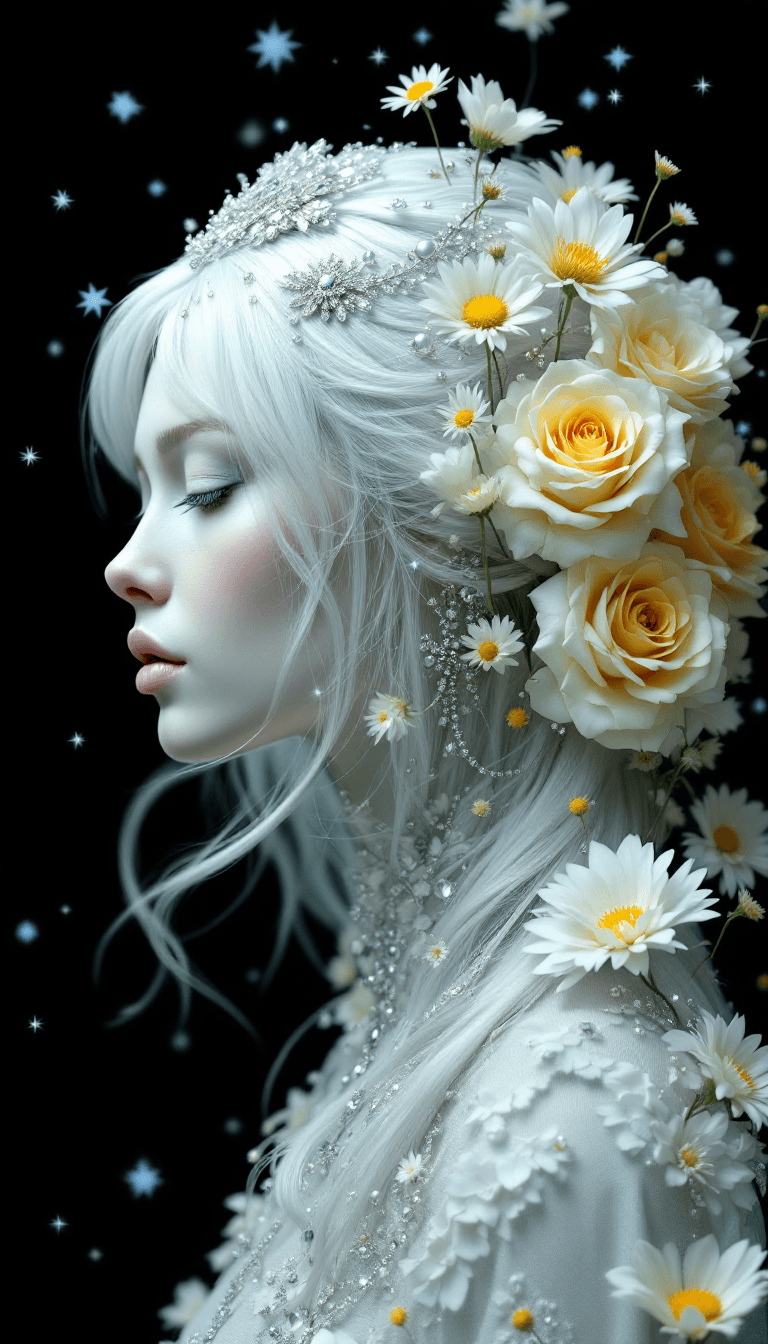 AI generated: An ethereal 3D side-profile image of a woman with pale skin and flowing white hair, blending into an...