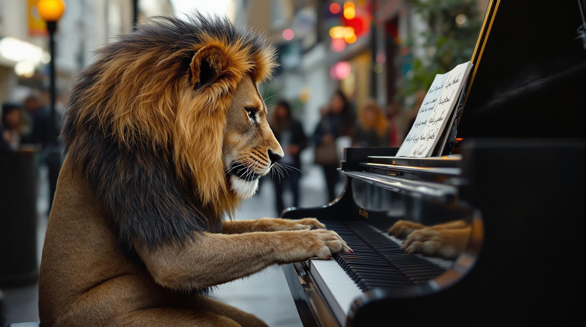 AI generated: a lion is playing piano in london