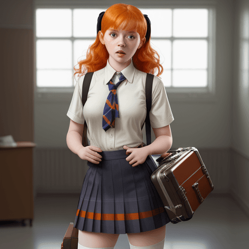 AI generated: masterpiece, mid shot, arafly dressed woman with orange hair and a suitcase, a portrait inspired by ...