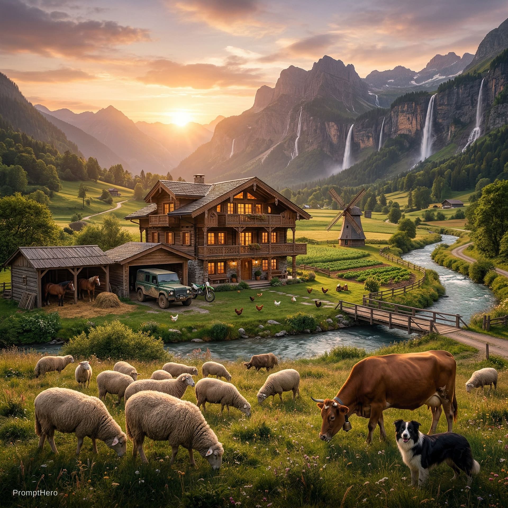 AI generated: A breathtaking ultra-realistic cinematic landscape scene during golden hour sunset in a peaceful lus...