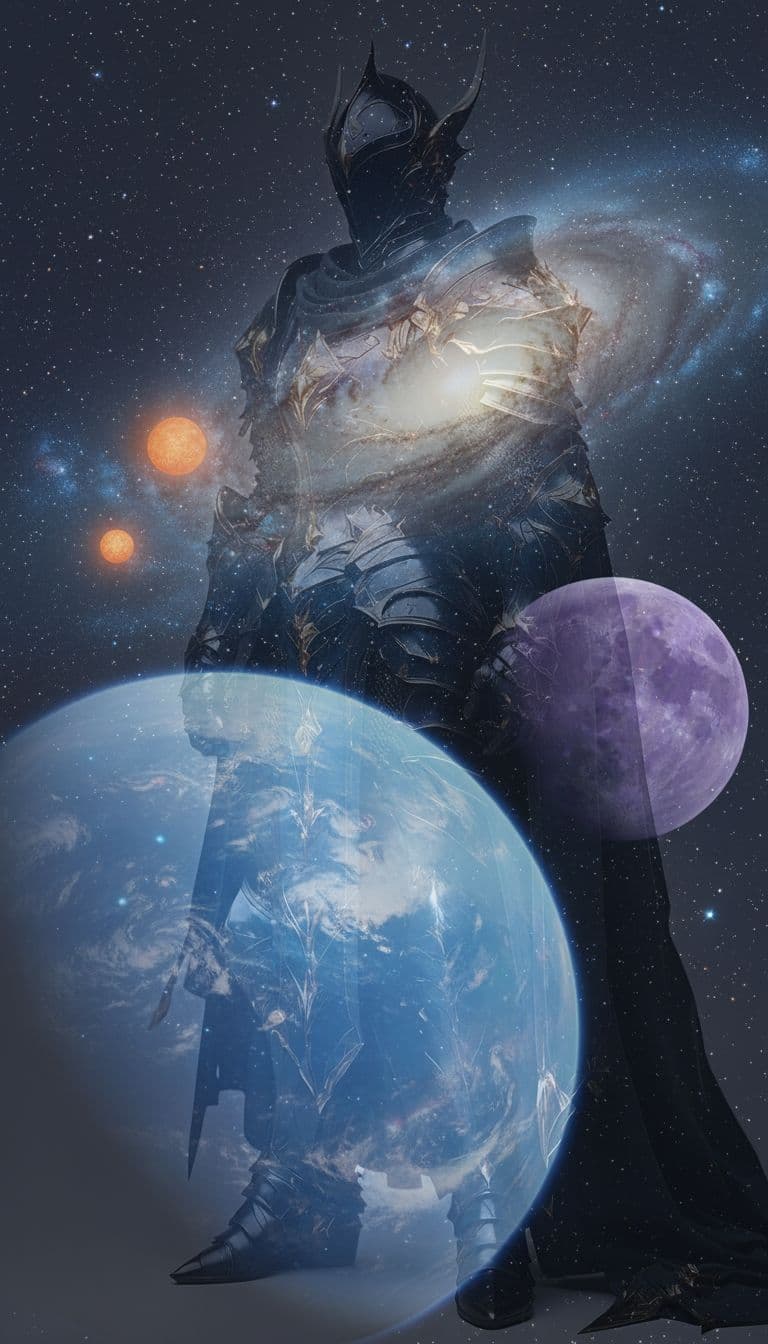 AI generated: A low-angle, full-frame overlay and slightly transparent portrait of Rigel Kentaurus in traditional ...