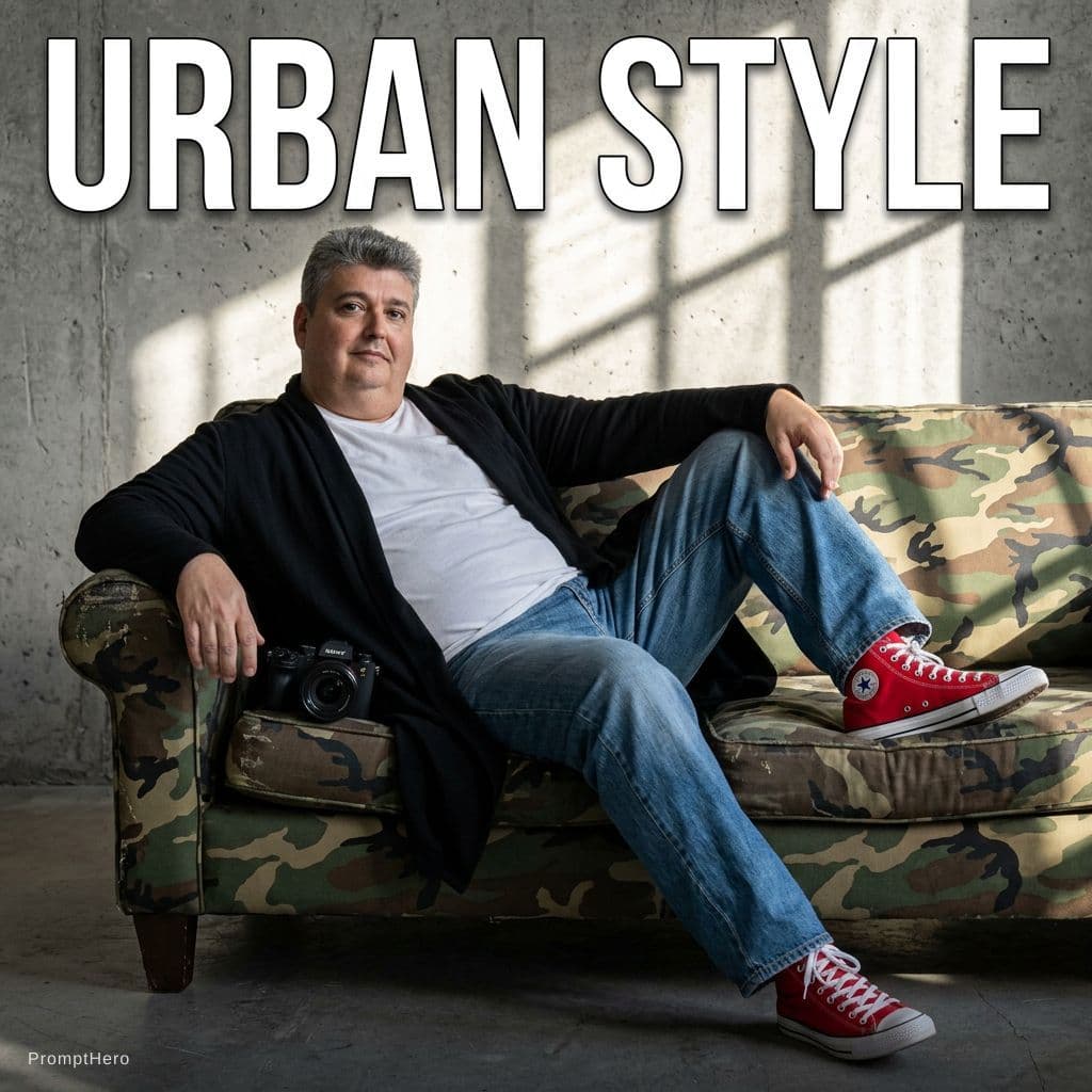 AI generated: photography, magazine cover, tilt shot, male model lounging on a worn camouflage sofa, casually dres...