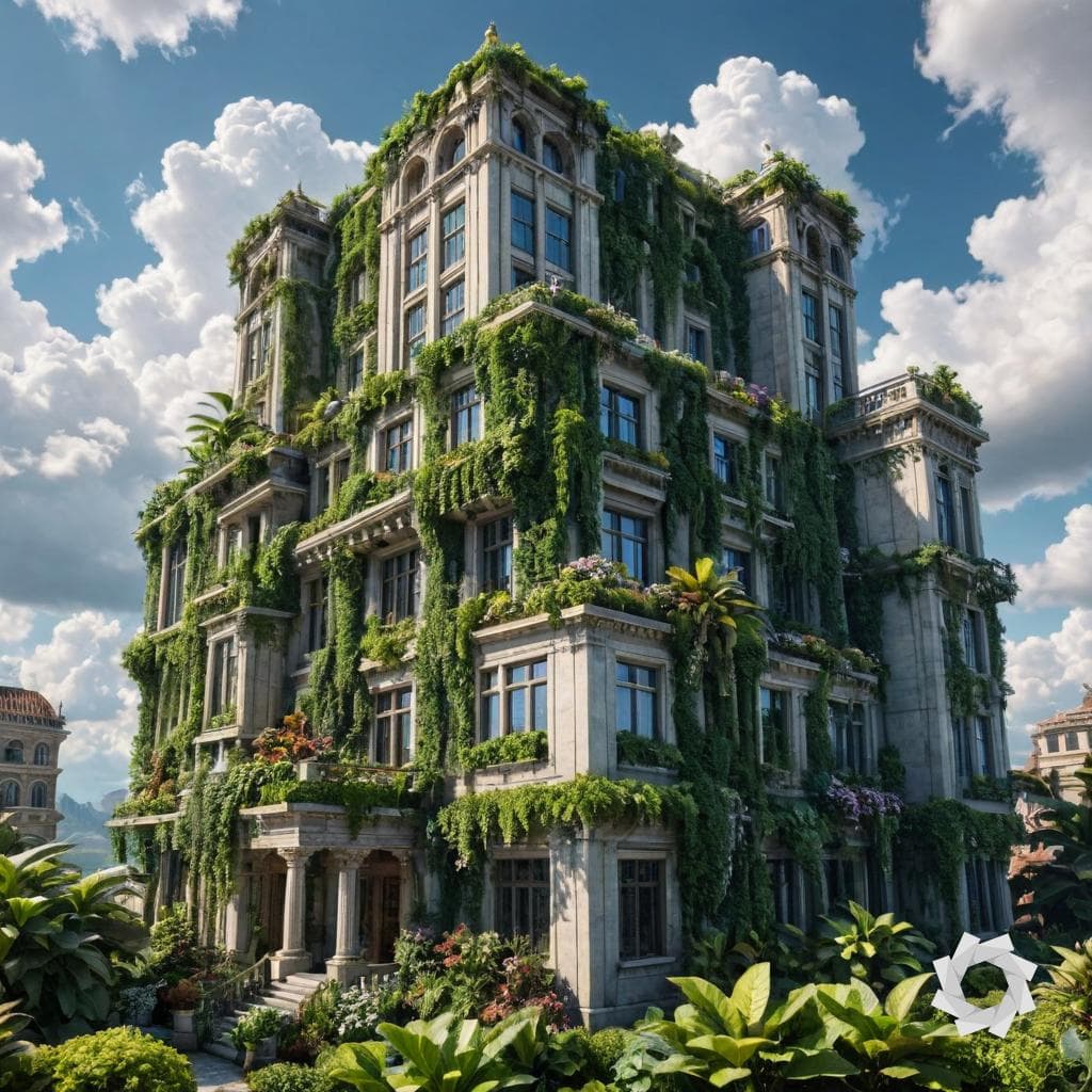 AI generated: fantasy building, clouds around it, plants surrounding it, aesthetic and beautiful, ultra detailed, ...