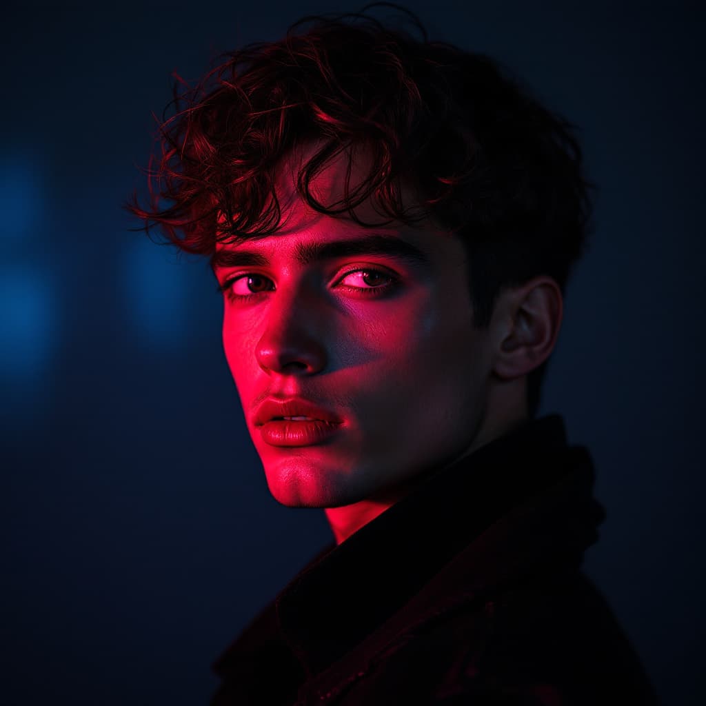 AI generated: fashion editorial, a portrait of young man is studio red and blue lights in style Alain Laboile, hig...