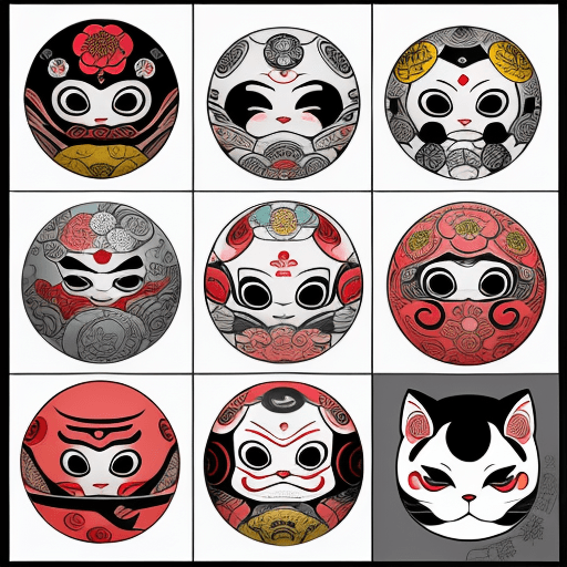 AI generated: Tattoo flash sheet designs of neojapanese tattoos, featuring: a futuristic but traditional woman, a ...