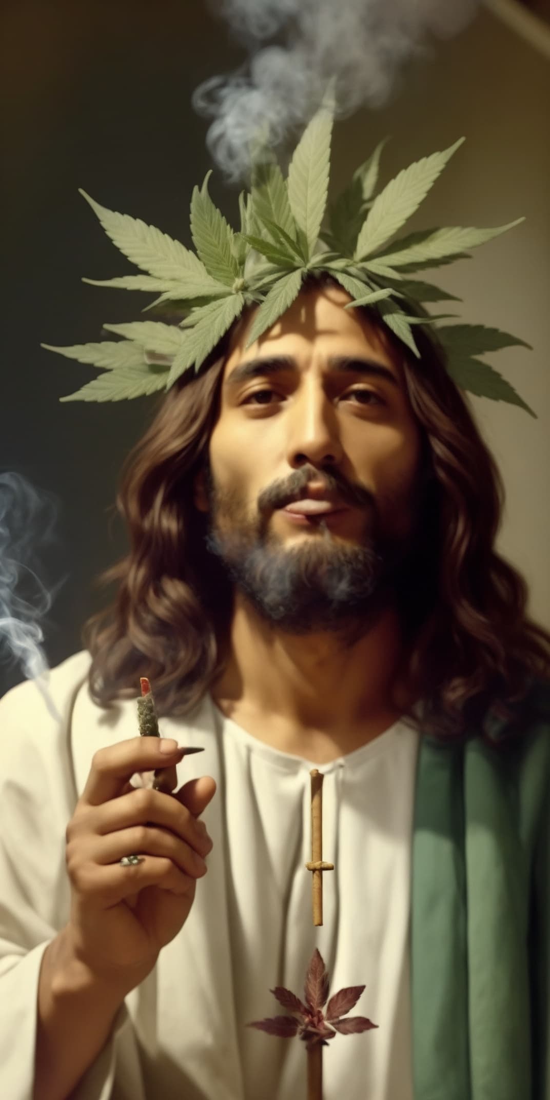 AI generated: Crafting a visually striking prompt: Jesus, adorned in a white tunic, elegantly holds a marijuana jo...