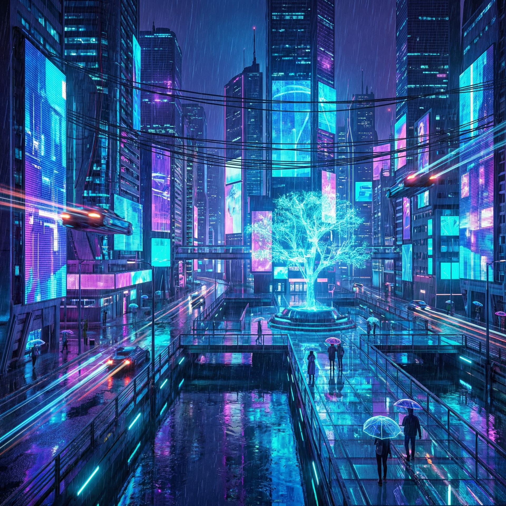 AI generated: neon cyberpunk city at night, rain reflections, purple and blue lights, futuristic