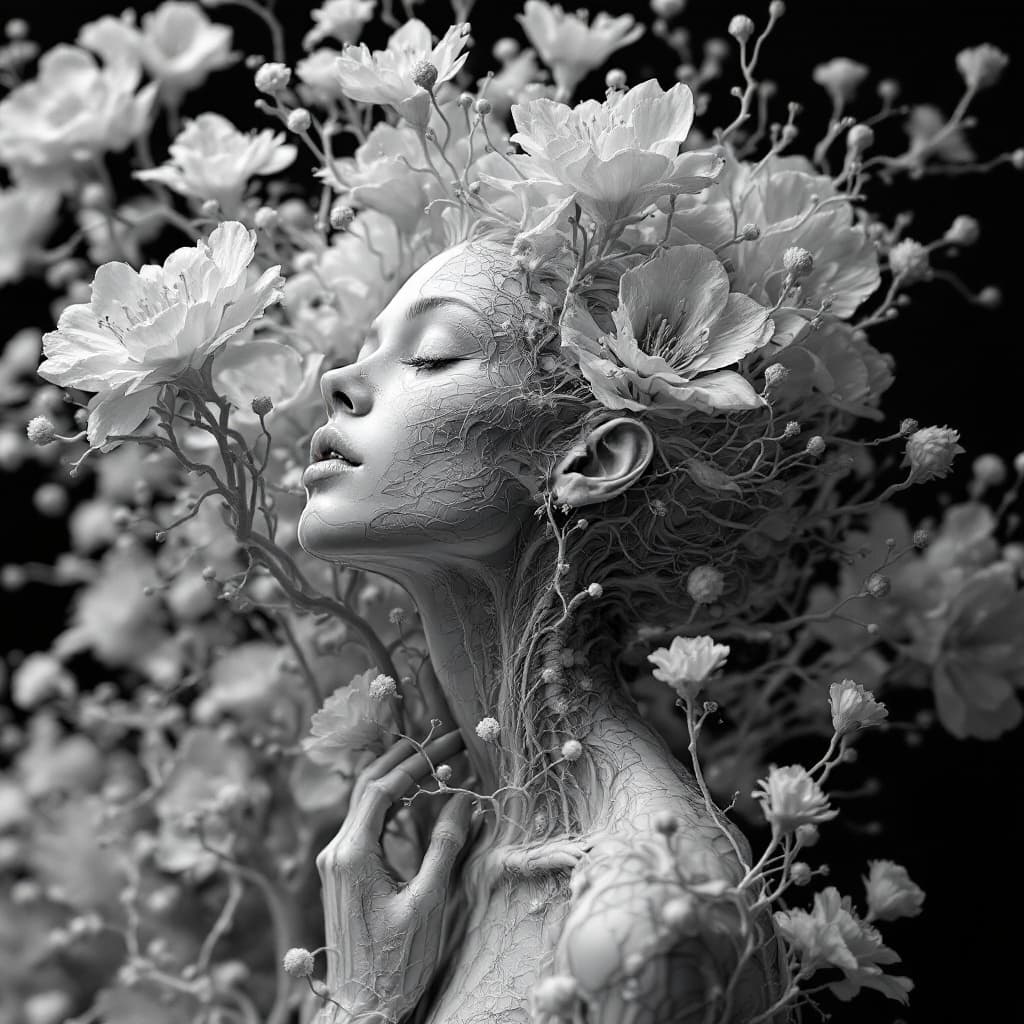 AI generated: 3d woman in flowers with human and flower shaped branches, in the style of medical imaging film., se...