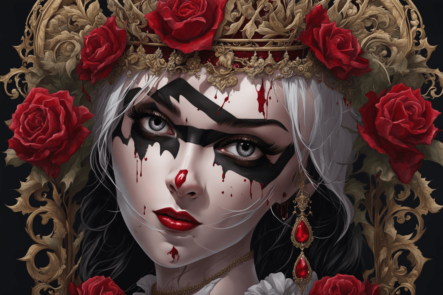 AI generated: extremely detailed 4k digital painting, lady Dracula, face cute but mischievous, in blood stains, in...