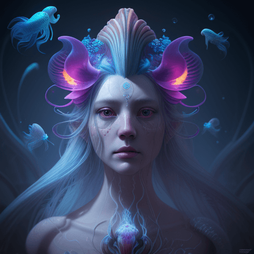 AI generated: Goddess close-up portrait ribcagel. jellyfish phoenix head, nautilus, orchid, skull, betta fish, bio...