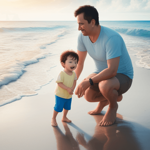 AI generated: Beach,father,mother,two year old son,playing,8k