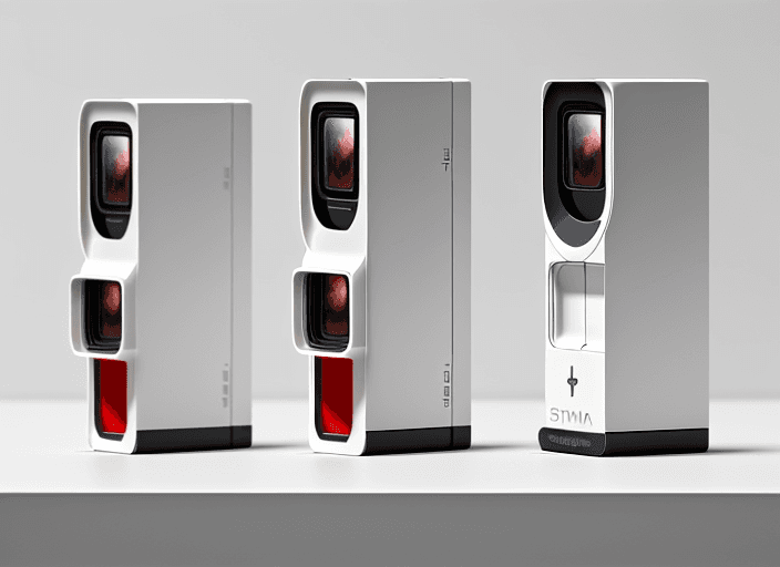 AI generated: Three very different slim cameras, arranged in a line on a white surface, front view, front elevatio...
