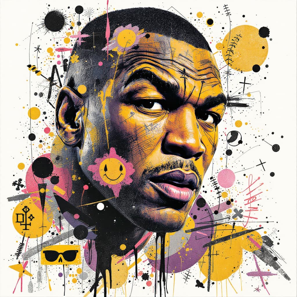 AI generated: A mixed media collage featuring Mike Tyson
 figure , adorned in vibrant patterns and symbols that ev...