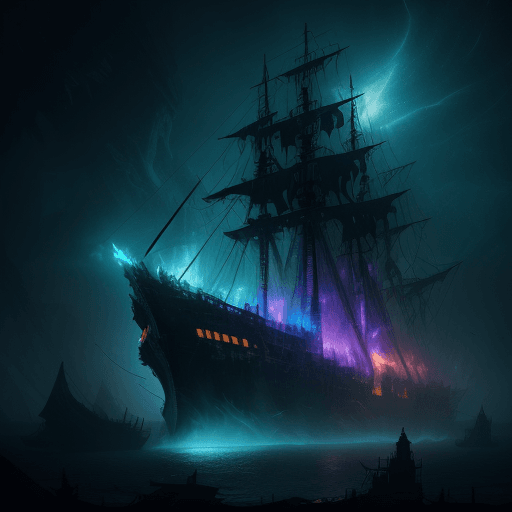 AI generated: Ultra resolution 8K Illustration of a ghost ship might night, phantoms flying surround, scared, nigh...